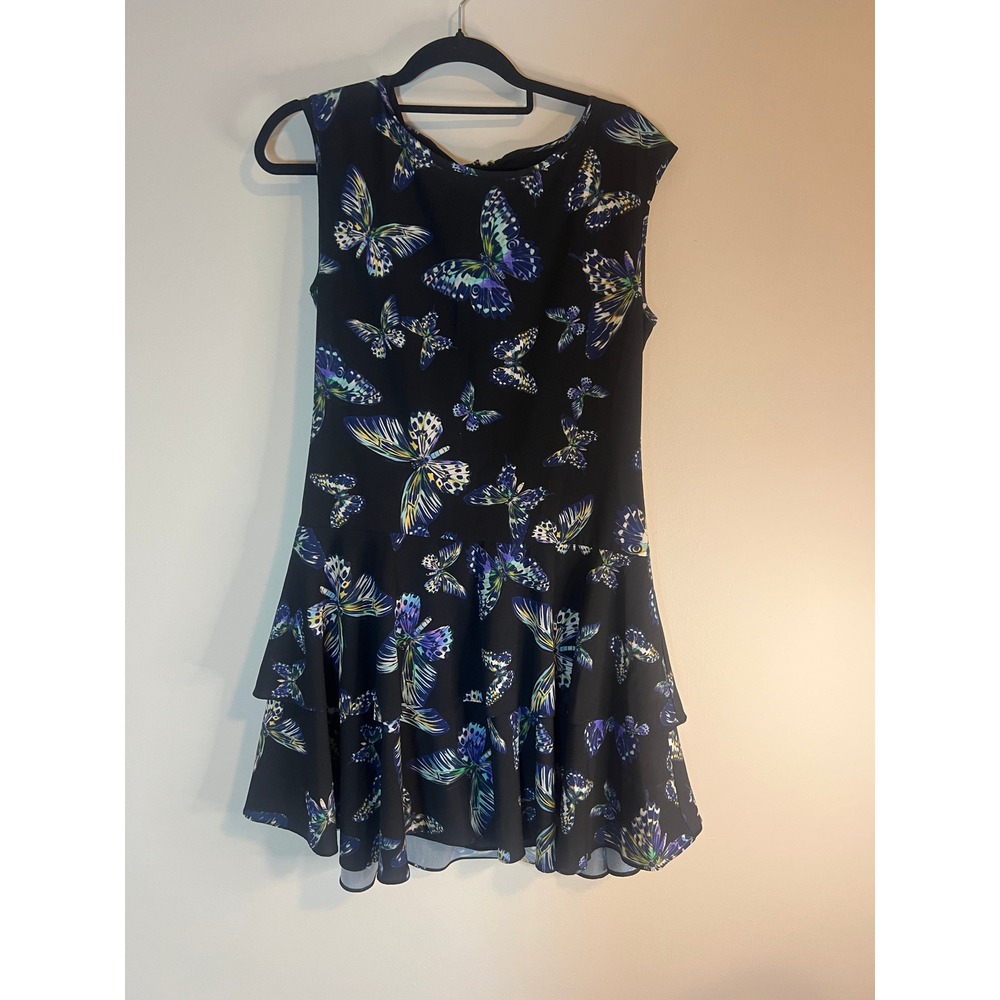CeCe by Cynthia Steffe Butterfly Print Tiered Ruffle Dress Black Blue Size 4